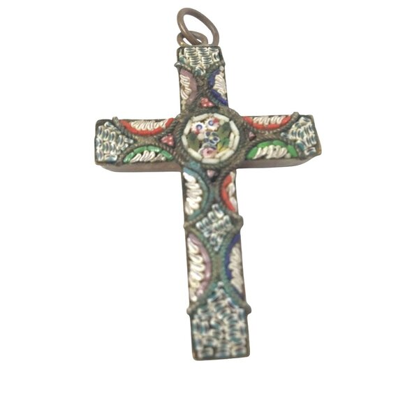 VINTAGE Italian Mosaic Glass Women Cross Pendant Millefiori Floral Religious 1.5 - Picture 4 of 7